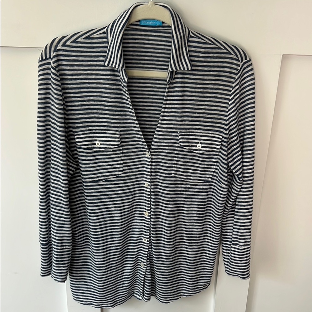 J. McLaughlin Brynn Linen Shirt, Blue & White Striped Shirt, Size M